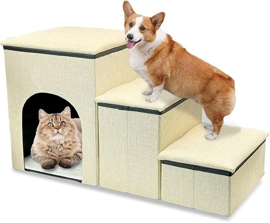 Fhiny Dog Stairs with Storage, 3-Steps Foldable Pet Stairs for Small Dogs Non-Slip Puppy Steps with Condo for High Bed & Couch Dog Ramp for Old Dogs and Cats, Holding up to 160 lbs Pets (Khaki)