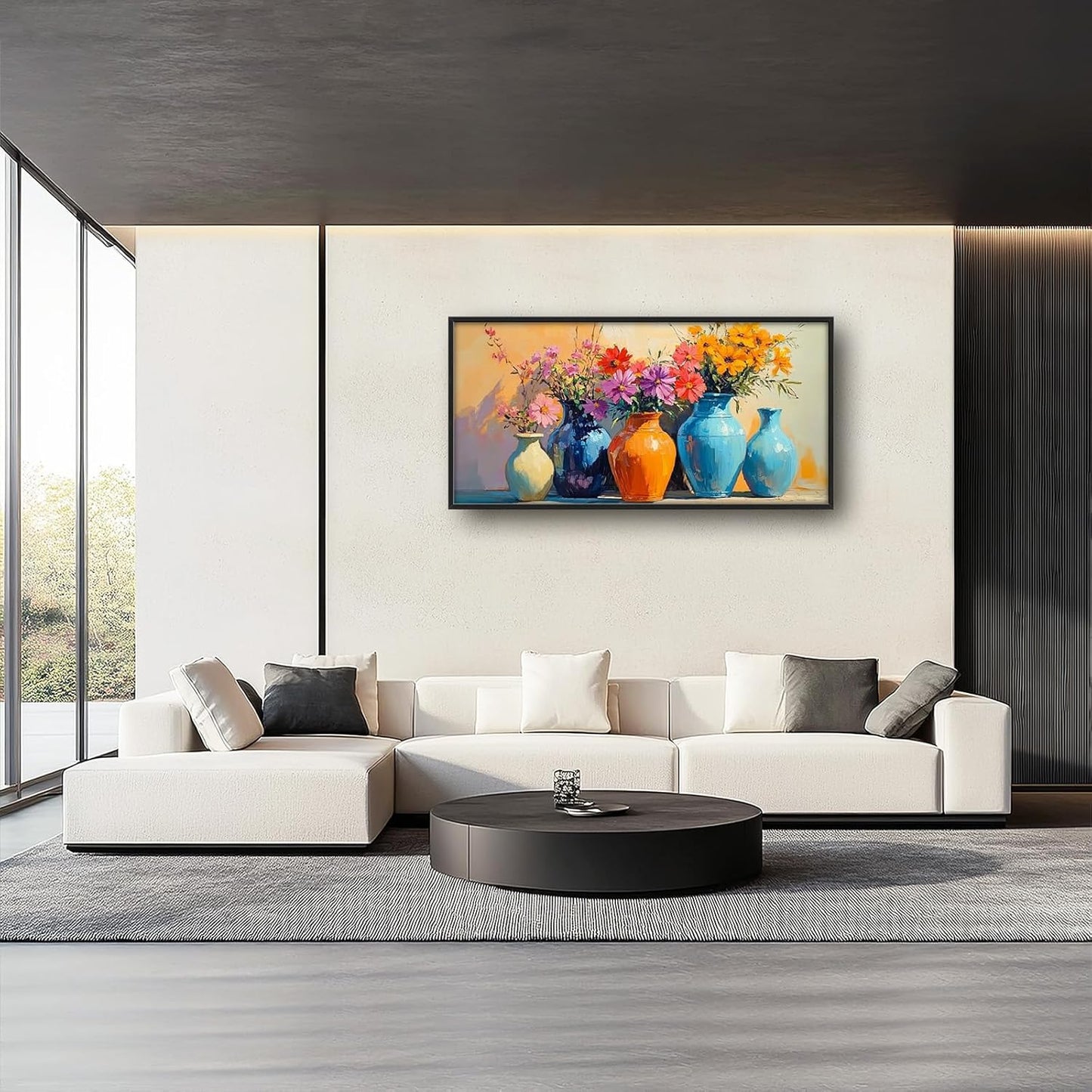 Large Colorful Floral Wall Art for Living Room, Framed Oversized Asian Flower Vase Decor Canvas Painting Sunlight Pictures Modern Artwork for Bathroom Bedroom Office Dining Room 60"x30"