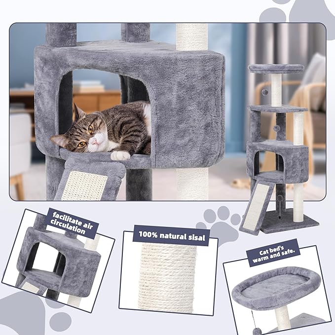 45in Cat Tree Tower with Big Condo for Indoor Kitten,Cat Tower with Scratching Post,Scratching Board and Cat Toys,Multi-Level,Small Space,Transformer Cat Tree, Grey(New)