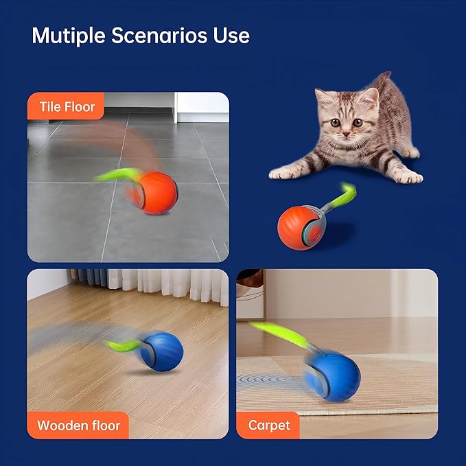 2025 Newly upgraded version 3.0 Cat Toys, Cool Intelligent Interactive Cat Ball for Indoor Bored Cats, Automatic Rolling Ball 3.0 Puzzle Toy, Electronic Rolling Pet Chase (Blue + Orange - 2pcs)
