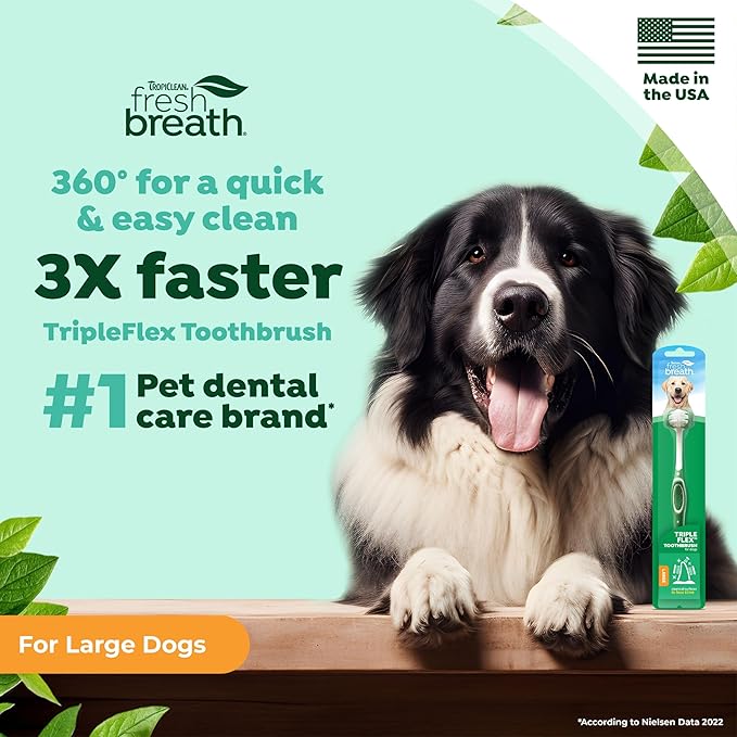 TropiClean Fresh Breath TripleFlex Toothbrush for Large Dogs | Use with TropiClean Toothpaste or Gel | 360-Degree Toothbrush | Complete Dental Care