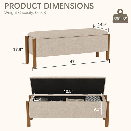 Modern Storage Benches with Walnut Wood Legs, 47'' Ottoman Bench with 20 Gallons Storage Space for Bedroom End of Bed, Fabric Upholstered Entryway Bench with Seating for Livingroom, Beige