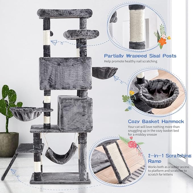Cat Tree for Indoor Cats Large Adult, 66.9 Inches Multi-Level Tall Cat Tower with Sisal Scratching Posts, Large Plush Perches, Spacious Condos, Baskets, Hammock & Scraping Ladder (Dark Gray)