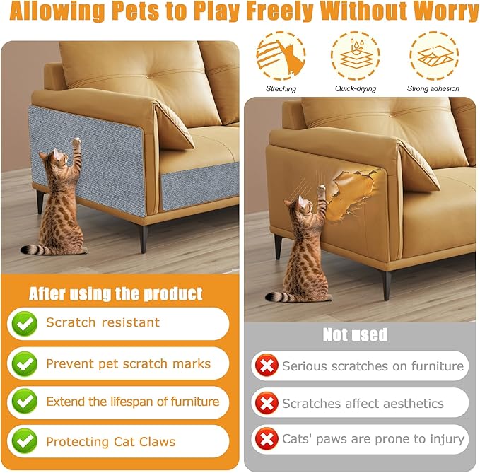 cat Scratching mat Self-Adhesive, Trimmable Furniture Protector for Couch, Sofa, Wall & Cat Trees - Durable Scratch Pad with Nano Tape, DIY Climbing Carpet for Indoor Cats(Light Grey, 39.3"x15.8")