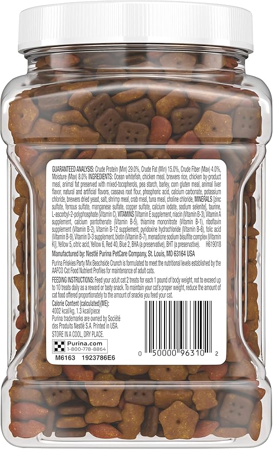 Purina Friskies Party Mix Cat Treats, Beachside Crunch, Made with Ocean Whitefish, Crunchy Cat Treats for Adult Cats, 20-Ounce Resealable Canister (Pack of 4)