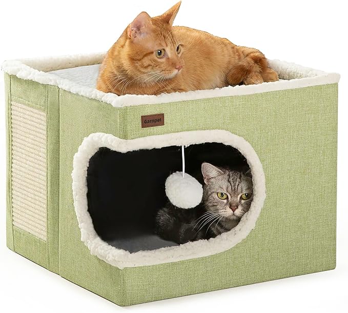 Cat Bed for Indoor Cats Cube House, Covered Cat Cave Beds & Furniture with Scratch Pad and Hideaway Tent, Cute Modern Cat Condo for Multi Small Pet Large Kitten Kitty, Green