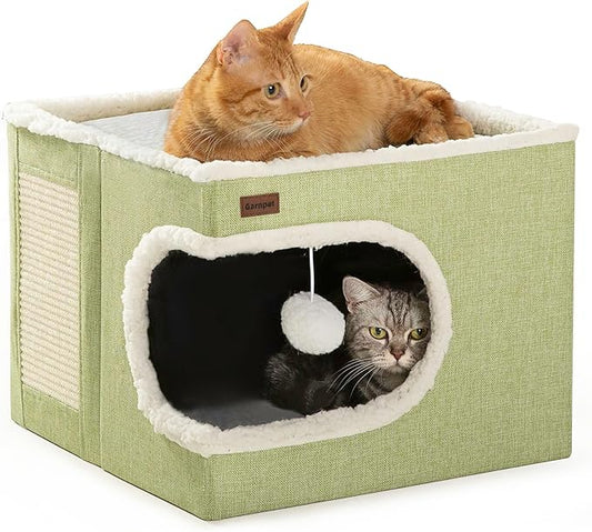 Cat Bed for Indoor Cats Cube House, Covered Cat Cave Beds & Furniture with Scratch Pad and Hideaway Tent, Cute Modern Cat Condo for Multi Small Pet Large Kitten Kitty, Green