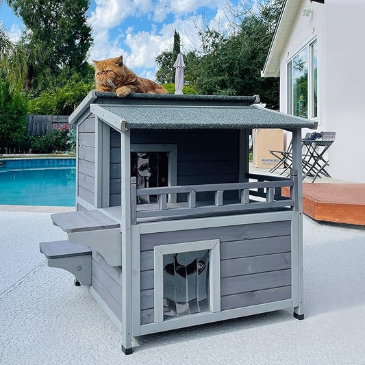 Aivituvin 2 Story Cat House with Large Balcony, Indoor Cat Condo Outdoor Cat Shelter, Wooden Kitty Home with PVC Door Strip