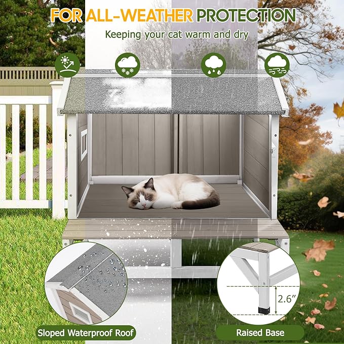 Cat Houses for Outdoor Cats with Balcony Weatherproof Outside Feral Cat Shelter, Wooden Pet House with Raised Base and Openable Asphalt Roof for Cats and Small Animals