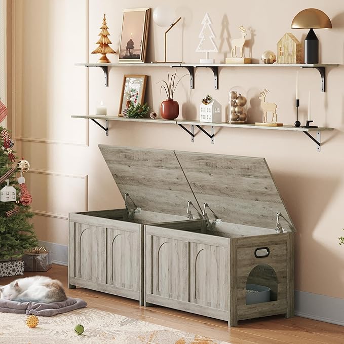 DINZI LVJ Cat Litter Box Enclosure, Flip Top Litter Box Furniture, Farmhouse Hidden Cat Washroom, Wooden Pet House, End Side Table, 31.5" L x 19.7" W x 19.7" H, Sturdy and Easy to Assemble, Gray Wash