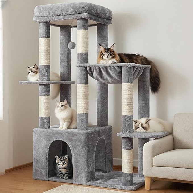Heybly Heavy Duty Cat Tree, Tower for Indoor Cats large adult, Tall Cat Condo House with Extra-Large Baseboard, Multi-Level Plush Furniture with Scratching Posts, Hammock, Toy Ball, Light Gray HCT026W