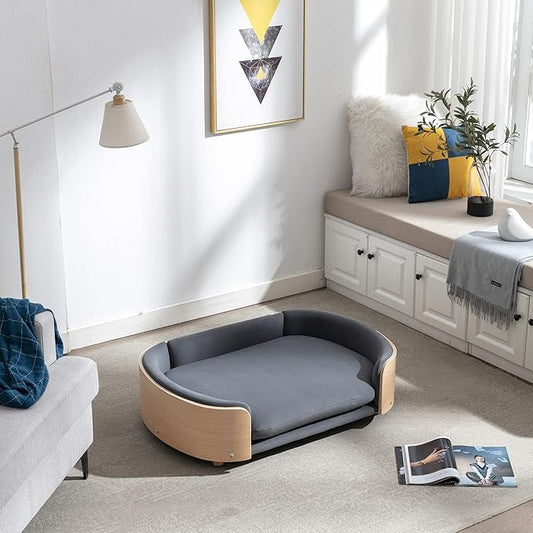 HomSof 38.58" Scandinavian Style Elevated Dog Cat Bed Pet Sofa with Solid Wood Legs and Bent Wood Back with Velvet Cushion,Large Size，Dark Grey