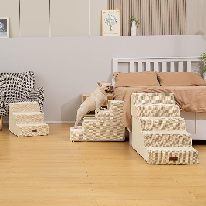 Dog Stairs for Small Dogs & Cats, 3-Step Non-Slip Pet Steps for Couch Sofa and Chair, Beige, 13.6" H