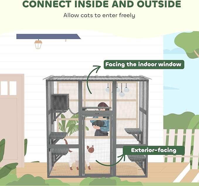 PawHut Catio Outdoor Cat Enclosure Window Box, Wooden Cat House Playground with Scratching Posts, Weather Protection Roof for 1-2 Kitties, Resting Boxes, 68" x 35.5" x 70.5", Gray