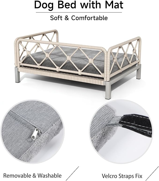 Dog Bed with Cushion, Cooling Elevated Raised Beds with Rattan Breathable Mesh and Universal Mat, Indoor & Outdoor Pet Cots for Small Dog, Grey