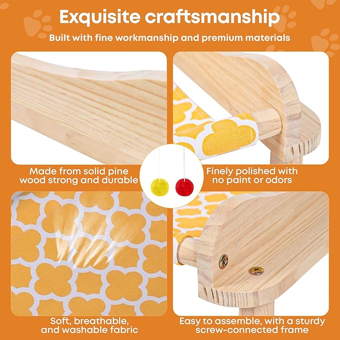 Large 3-Layer Cat Hammock Bed, 24"x15.7"x26.8" Elevated Cat Bed with Pine Wood Frame, Breathable Washable Covers, Wooden Pet Furniture for Indoor Cats and Small Animals (Orange, 3-Tier)