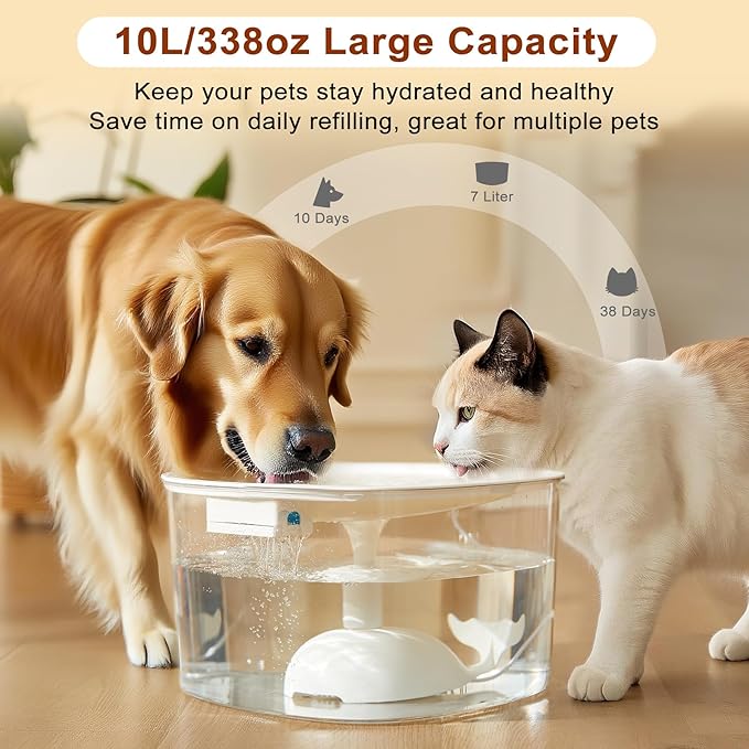 Dog Water Fountain for Medium Large Dogs, 10L/338oz Automatic Cat Water Fountain with Multi-Filtration & Deeper Drinking Area, Ultra-Quiet Dog Water Bowl Dispenser, Great for Multi-Pet Home