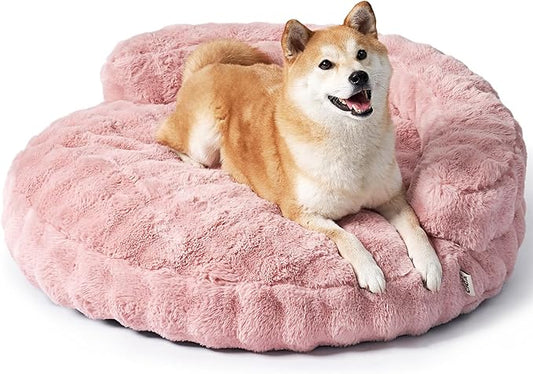 EHEYCIGA Large Dog Bed Sofa – Fluffy Faux Rabbit Fur Pet Couch for Medium and Large Dogs, Washable Removable Cover, Waterproof and Non-Slip, 36 Inch, Pink