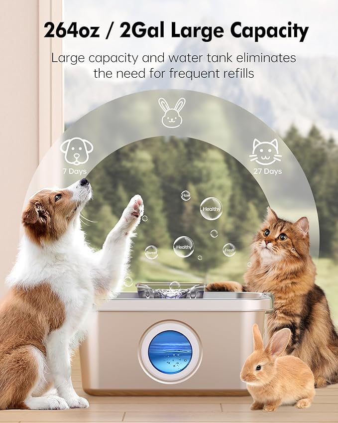 Dog Water Fountain 2 Gal, Stainless Steel Dog Water Fountain for Large Dogs Multi-Cats, Pet Water Fountain with Big Window, Super-Quiet Pump, Indoor Automatic Dog Water Bowl Dispenser Fountain Filters
