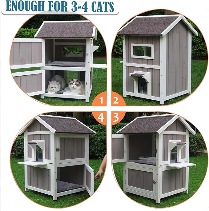 Rockever Outdoor Cat House, Large Outdoor Houses for Feral Cats with Self-Warming Mat Wooden Outside Cat Shelter Weatherproof with Escape Door