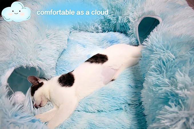 XxingSheep 4 Cave Shuttled XL Cat Tunnel Bed for Indoor Cats Peekaboo Toy Donut with Warm Mat, Azure Blue