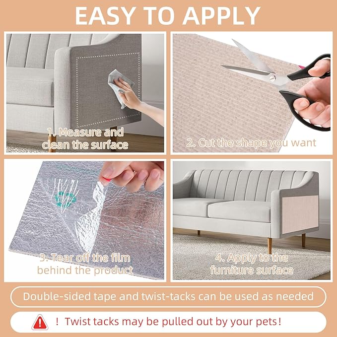 Anti Cat Scratch Furniture Protector, 10 Pack | 11.8" X 15.7" / Per | Self-Adhesive Cat Scratching Mat for Couch, Wall, Door, DIY, Durable, with 40 Twist Pins (Khaki)