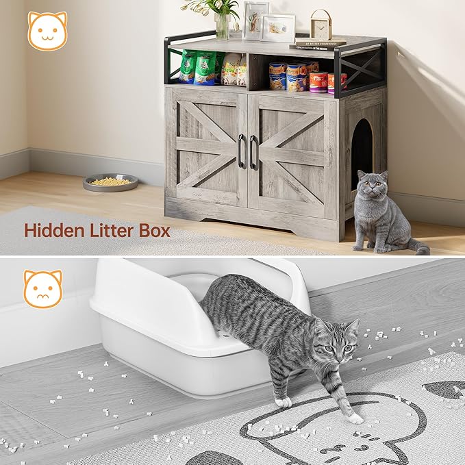 Cat Litter Box Enclosure, Ultra-Large Hidden Litter Box Furniture with Top Opening, Anti-Tipping Fence and 2 Open Drawers, Litter Box Cabinet End Table, Grey