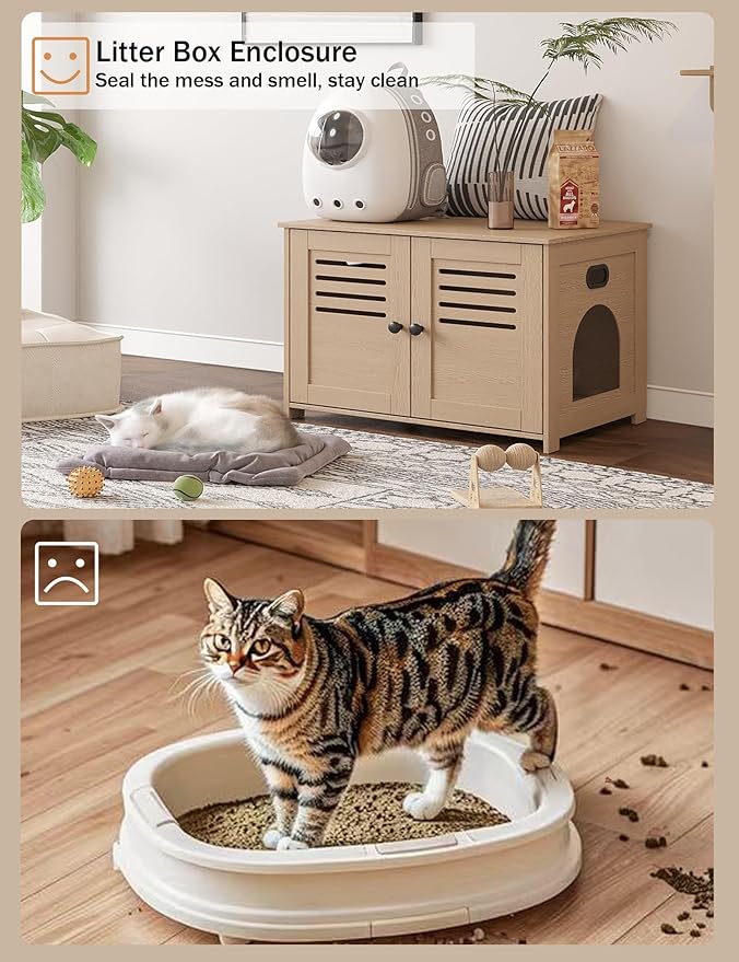 DINZI LVJ Litter Box Enclosure, Cat House with Good Ventilation, Entrance Can Be on Left or Right Side, 31.5" Long Hidden Washroom for Most Litter Box, Cat Furniture Cabinet, Natural