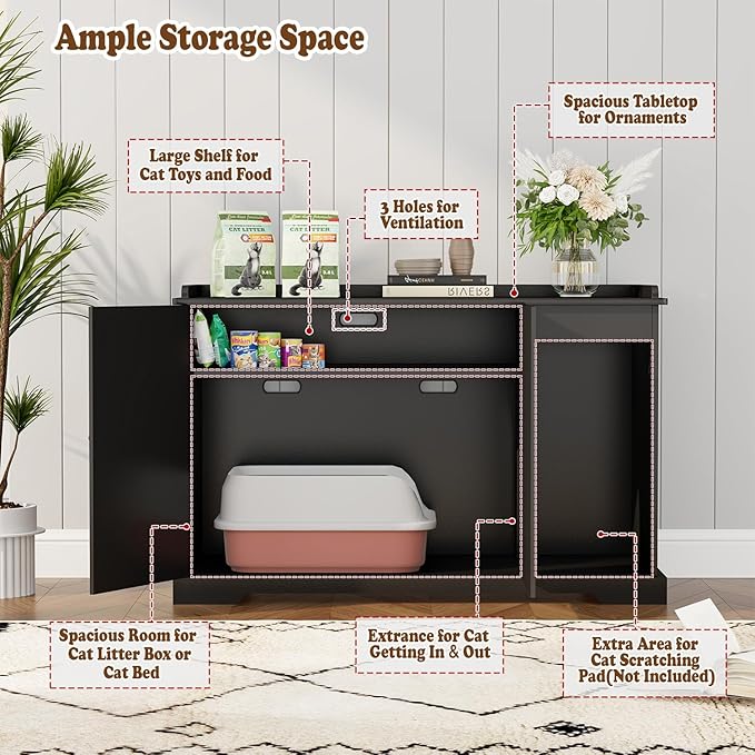 Large/Tall Cat Litter Box Enclosure, Hidden Litter Box with Convenient Entrance Large Shelf, Farmhouse Enclosed Litter Box Cabinet Rattan Cat House for Living Room Entryway (Black)