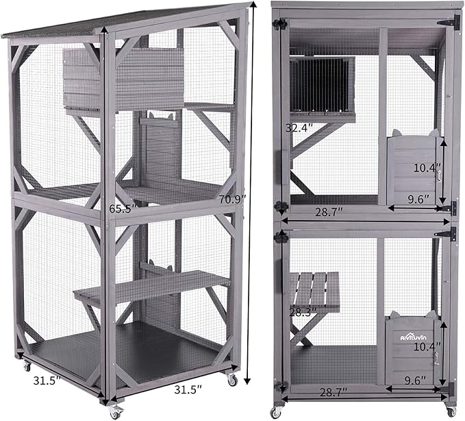 Aivituvin Cat Catio Kitty House Outdoor and Indoor Run Large Wooden Cat Enclosure on Wheels 70.9" Upgraded Version Kennel Cage with Reinforcement Wooden Strip,2 Sets Include
