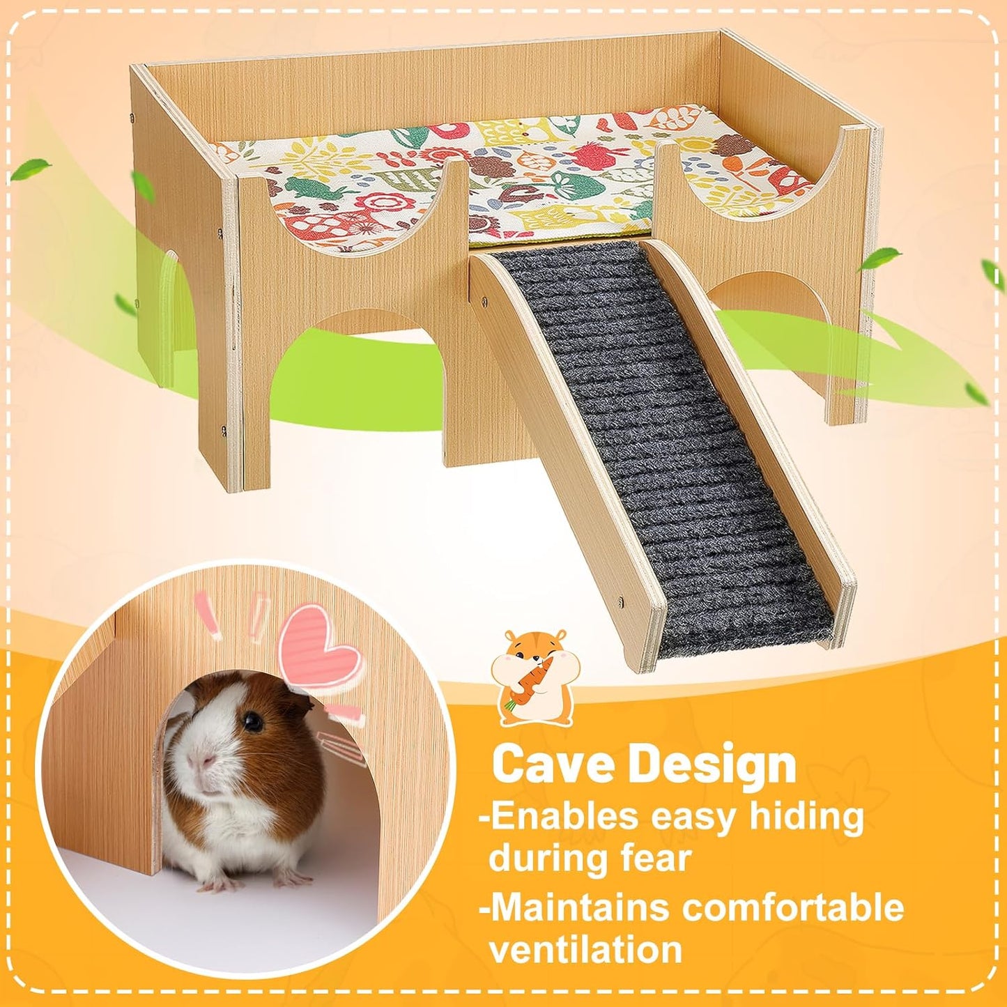 Upgraded Guinea Pig Castle, Sturdy Wooden Guinea Pig Hideout, Small Animal House Bed Hut Habitats with Stairs, Easy to Assemble for Hamsters Bunny Chinchillas Playing Hiding