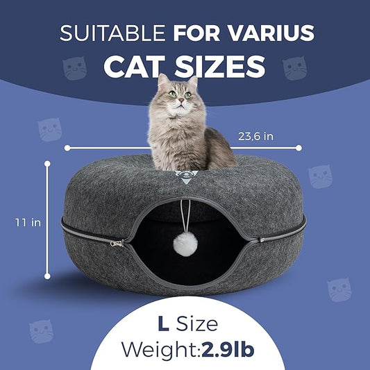 Premium Large Size 24 Inch Cat Tunnel Bed - With Upgraded Metal Zipper - Detachable Round Design - Washable - and Scratch Resistant - Includes 3 Toys and Removable Cushion