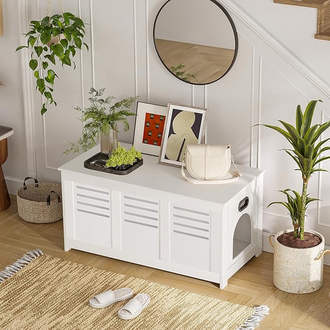 DINZI LVJ Litter Box Enclosure, Flip Top Litter Box Furniture, Hidden Cat Washroom, Wooden Cat House, End Table, 39.4" L x 19.7" W x 19.7" H, Good Ventilation, Easy to Assemble, White