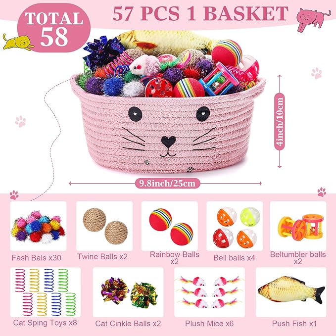 Zopeal 58 Pcs Cat Storage Basket Gift Toys Set, Colorful Flashing Balls Pet Bell Crinkle Balls Spring Toys Attract Cat to Swat, Bite, Hunt, Interactive for Pet(Pink,9.8 Inch)