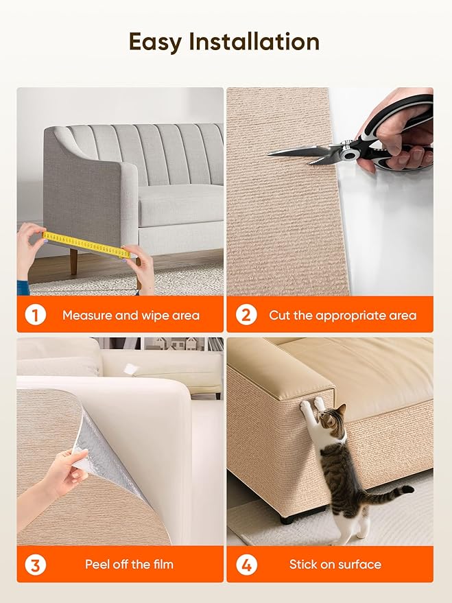 Cat Scratch Mat Furniture Protector, Eco-Friendly DIY Trimmable Self-Adhesive Cat Scratching Pad, Couch Wall Sofa Guard, Reusable Claw Scratching Protector 78.7"x15.8" (Beige)