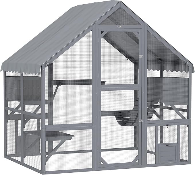PawHut Large Catio Outdoor Cat Enclosure for Multiple Kittens, Wooden Cat House with Waterproof Cover, Walk in Kitty Cage Kennel with 2 Condos, 4 Platforms, Bridge, Doors, 73" x 55" x 74", Gray