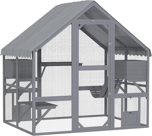 PawHut Large Catio Outdoor Cat Enclosure for Multiple Kittens, Wooden Cat House with Waterproof Cover, Walk in Kitty Cage Kennel with 2 Condos, 4 Platforms, Bridge, Doors, 73" x 55" x 74", Gray