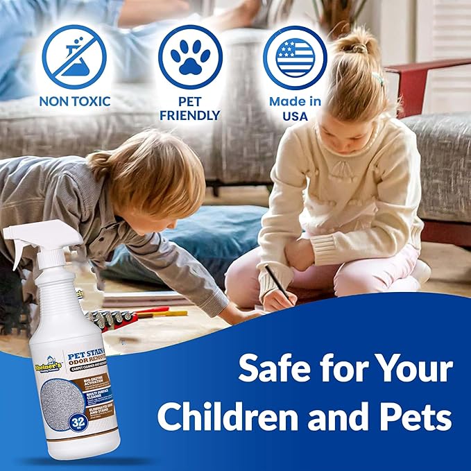 Sheiner's Pet Stain Remover & Pet Odor Eliminator, Advanced Cleaning Bio-Enzyme Cleaner Solution for Carpets, Rugs, Upholstery & Multi-Surfaces, Safe for Pets & Kids. (32 oz)