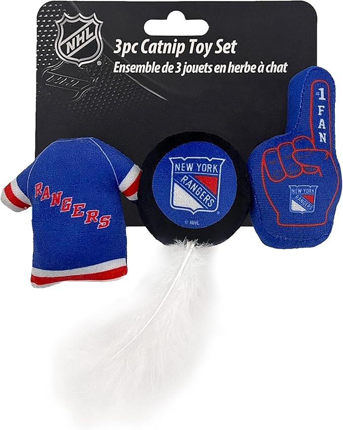 Best Plush CAT Toy: NHL New York Rangers Complete Set of 3 Piece Cat Toys Filled with Fresh Catnip. Incl: 1 Jersey Cat Toy, 1 Hockey Puck Cat Toy with Feathers & 1#1 Fan Cat Toy. All with Team Logos