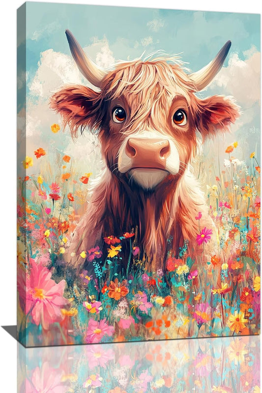 Highland Cow Wall Art Canvas Flower Cattle Wall Decor Prints Framed Painting Animal Pictures Gifts Artwork for Bathroom Living Dining Kitchen 16"x24"