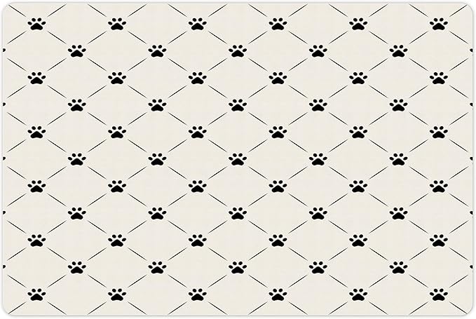 Lunarable Cat Pet Mat for Food and Water, Kitten Paw Footprints in Mirroring Marks Geometric Diamond Shapes Abstract Art Pattern, Non-Slip Rubber Mat for Dogs and Cats, 18" X 12", Beige Black