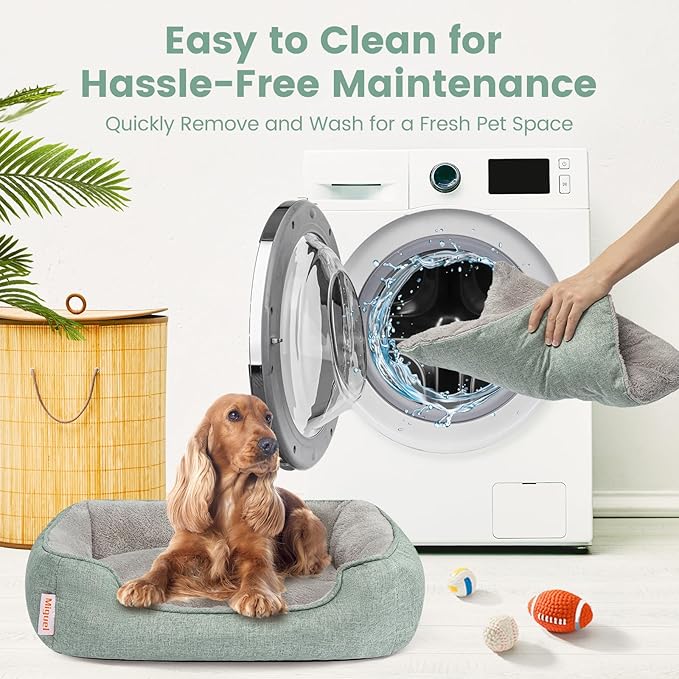 Miguel Faux Linen Dog Bed with Removable Cushion Pillow for Medium Small Dogs, Washable Pet Bed with Side Easy to Wash Puppy Bed, Rectangle Cat Bed for Indoor Cat with Anti-Slip Bottom, Green 35 Inch