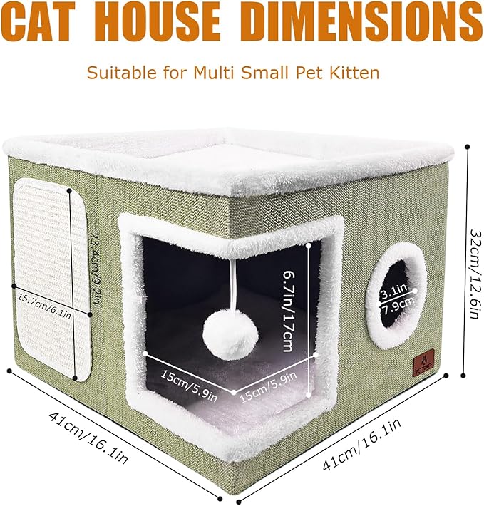 Cat Beds for Indoor Cats - Foldable Cat Hideaway with Hanging Fluffy Ball and Scratch Pad, Large Cat Bed Cave with Reversible Cushion for Multi Small Pet Kitten, Green