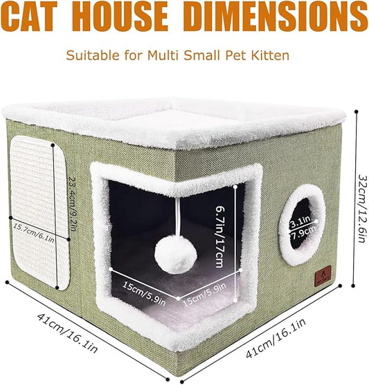Cat Beds for Indoor Cats - Foldable Cat Hideaway with Hanging Fluffy Ball and Scratch Pad, Large Cat Bed Cave with Reversible Cushion for Multi Small Pet Kitten, Green