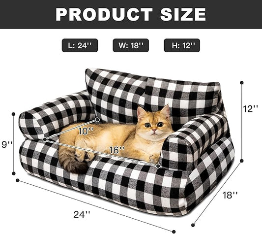 Cat Couch Bed - Cat Bed for Indoor Cats, Calming Pet Sofa Puppy Sleeping Bed with Removable Washable Cover, Cute Dog Couch and Kitty Lounge Chair for 18lbs Cats & Small Dogs(Black & White)