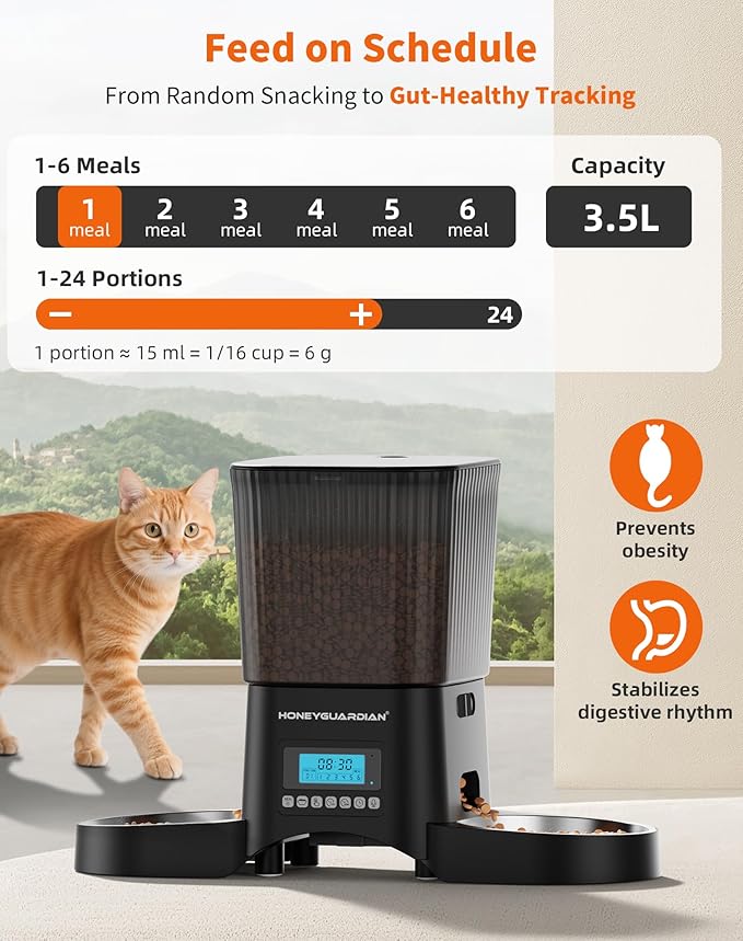 HoneyGuaridan Automatic Cat Feeder for 2 Cats, Automatic Cat Food Dispenser, Timed Pet Feeder for Cats and Dogs, Desiccant Bag, Programmable Portion Control,10s Voice Recorder