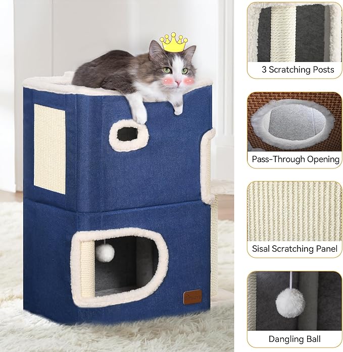 YITAHOME 2-Tier Cat House: Indoor Cat Cave Bed Playhouse, Covered Cat Beds & Furniture with Scratch Pad and Hideaway Cave, Cute Modern Cat Condo Furniture for Multi Small Cats, Blue