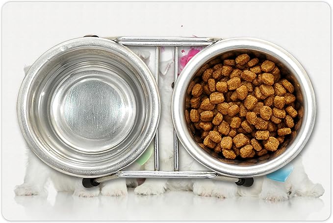 Lunarable Westie Pet Mat for Food and Water, Group of West Highland White Terrier Puppies on Plain Background Animal Pattern, Non-Slip Rubber Mat for Dogs and Cats, 18" X 12", Pink and White