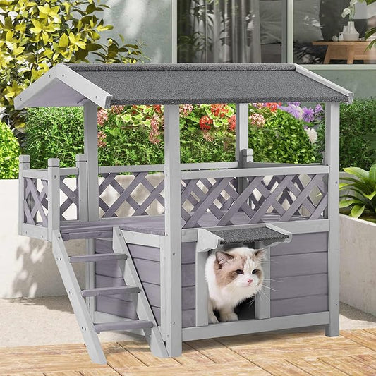 Cat House Outdoor Weatherproof – 100% Solid Fir with Waterproof Paint, Two-Level Design, All-Weather Protection & Elevated Base – Kitty Shelter for Feral Cats, Indoor/Outdoor Use