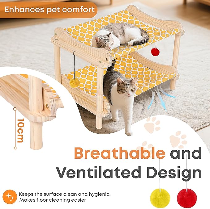 2-Layer Cat Hammock Bed, 24"x15.7"x16.3" Elevated Cat Bed with Pine Wood Frame, Breathable Washable Covers, Wooden Pet Furniture for Indoor Cats and Small Animals(Orange-2)